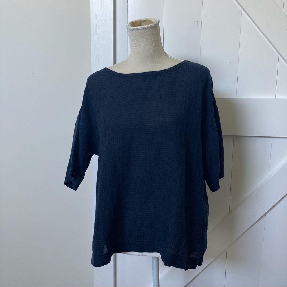 Eileen Fisher Blue Check Textured Boxy Top
